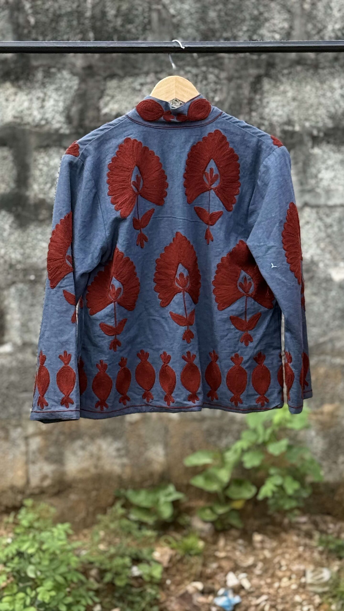 Womens Light Blue Velvet Embroidered Jacket with Floral Design - Image 4