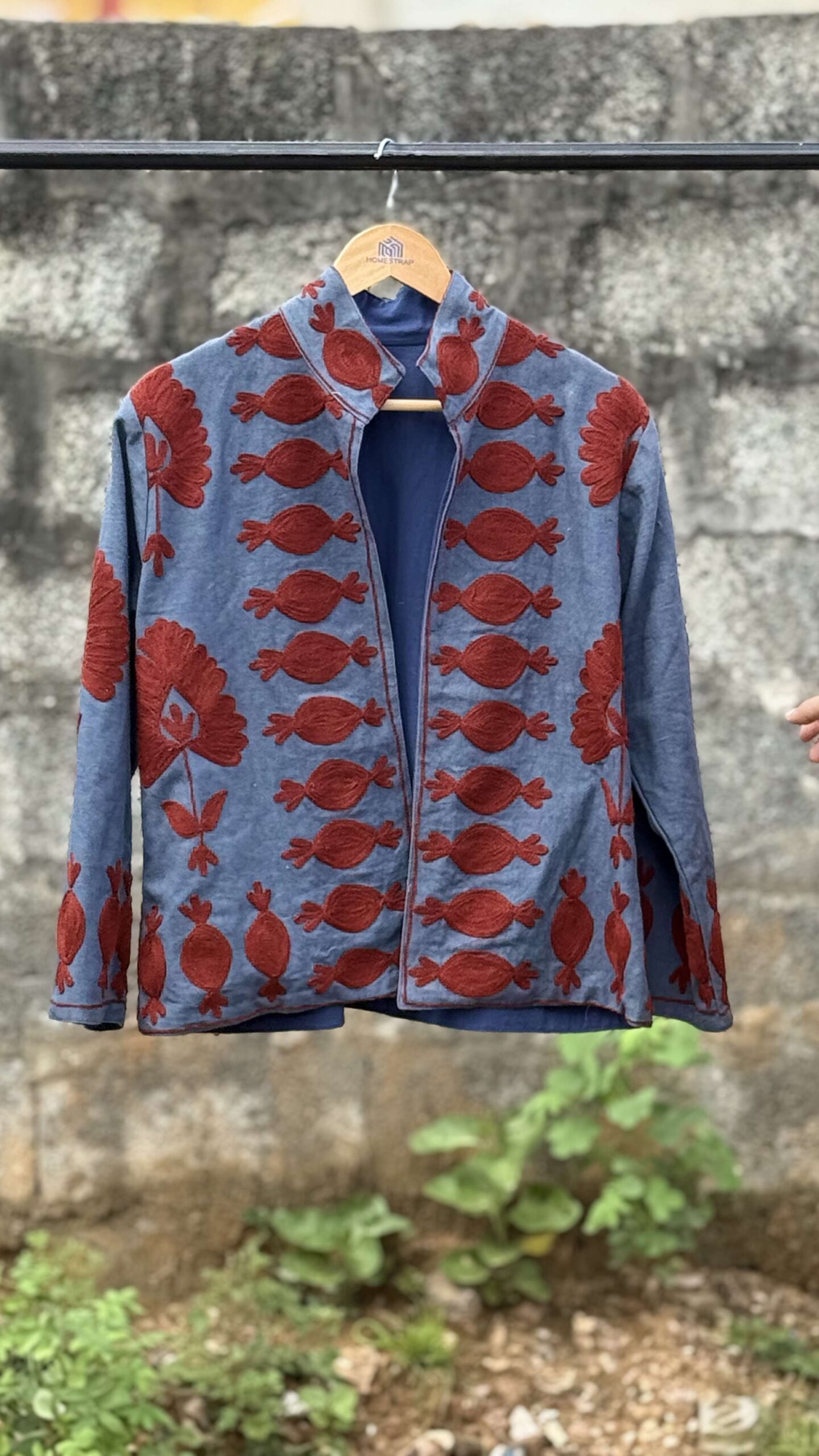 Womens Light Blue Velvet Embroidered Jacket with Floral Design - Image 3