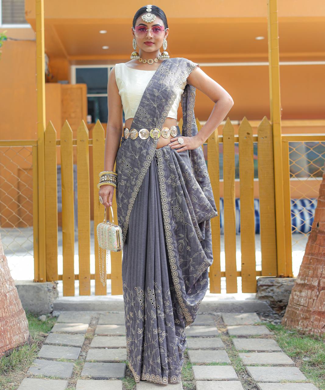 Women's Royal Prussian Blue Georgette Saree with Intricate Silver Thread & Mirror Work Embroidery – Perfect for Festive & Wedding Celebrations - Image 16